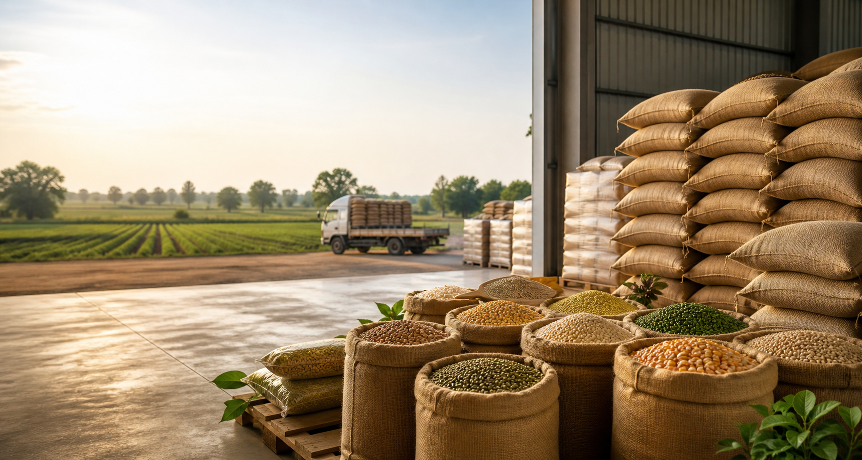 Agro commodity warehouse with sacks and farm supply transport